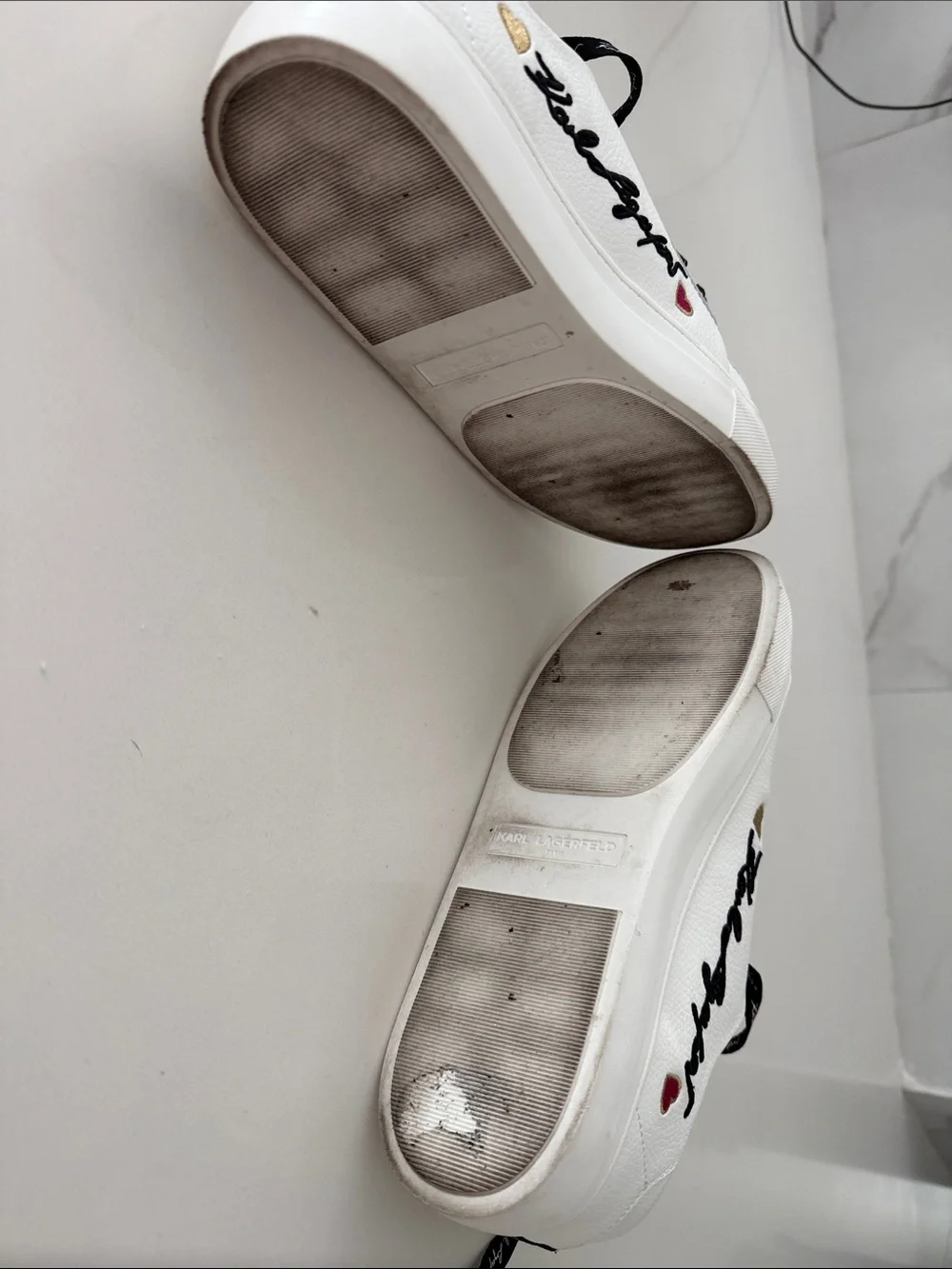 Karl Lagerfeld White Sneakers with Black Laces and Red Heart Accents